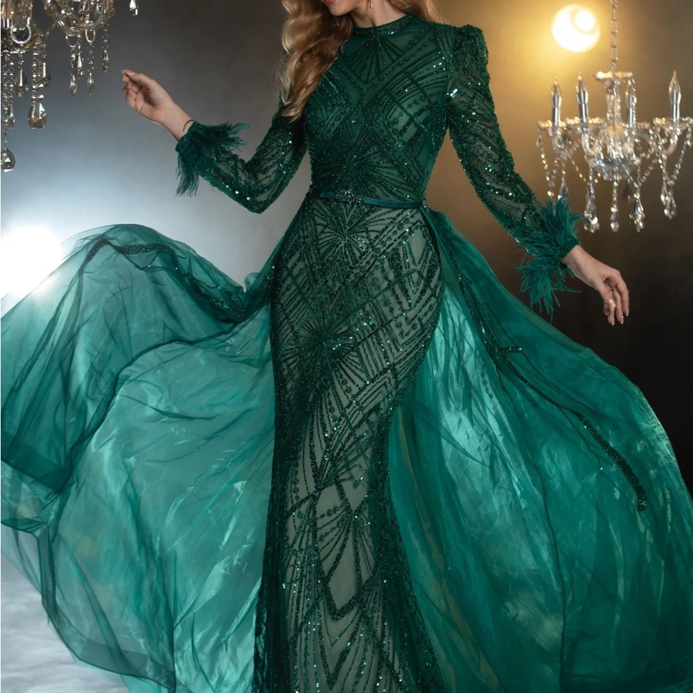 Stunning long sleeve Emerald green evening gown